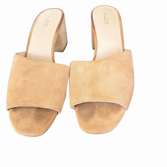 Aldo US 10 Sandals Open Toe Slip On Chunky Low Block Heel Nude Leather - Picture 4 of 10